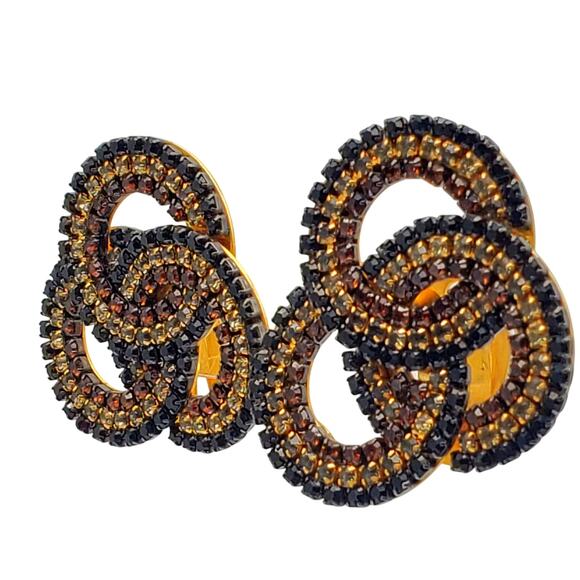 Designer Clip Earrings Roxanne Assoulin Infinity Knot Black Gold Brown Crystal - Picture 8 of 10